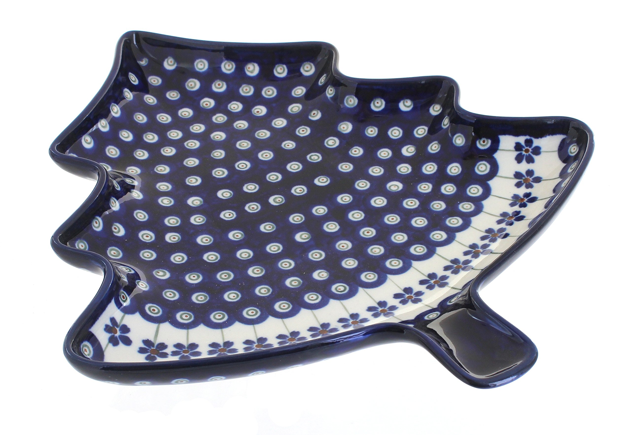 Handmade Blue Rose Polish Pottery Peacock Christmas Tree Plate - Elegant Holiday Dinnerware for Festive Decor & Gift Giving