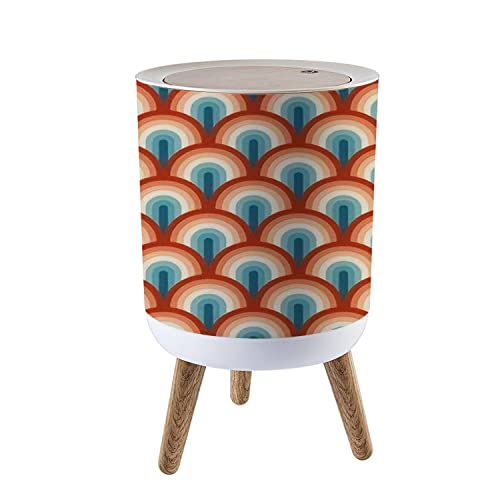 Retro 70s Striped Small Trash Can with Lid - 7L/1.8 Gallon Press Top Wastebasket for Kitchen, Bathroom, Bedroom & Office - Vintage Turquoise Round Bin with Dog-Proof Design - Perfect for Retro Home Decor & Small Space Organization