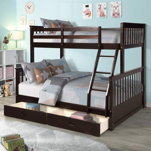Twin Over Full Bunk Bed with Removable Ladder & 2 Storage Drawers - Solid Wood Loft Bed for Kids & Teens (Espresso) - Perfect for Small Bedrooms, Guest Rooms & Vacation Homes