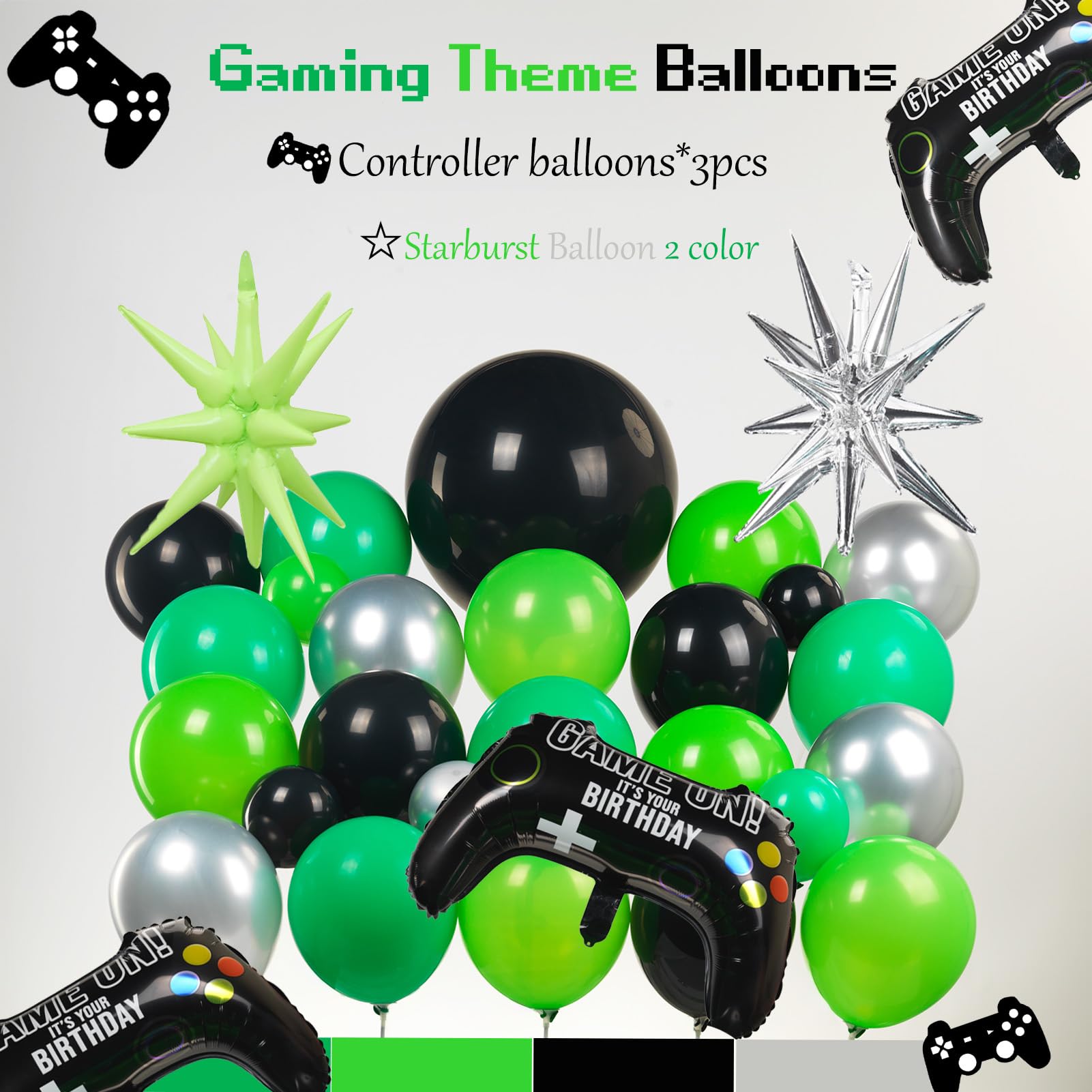135pcs Green & Black Silver Controller Balloon Garland Kit - Gamer Party Decorations for Boys Birthday, Gaming Night & Video Game Themed Events