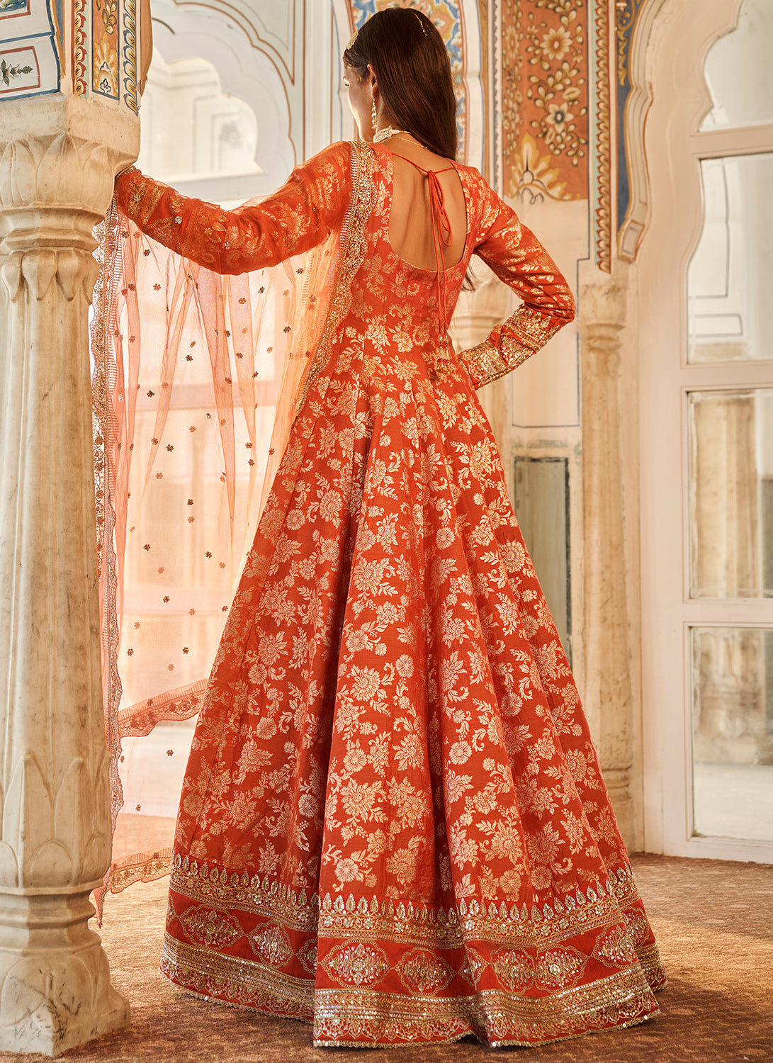 Exquisite Orange Embroidered Brocade Anarkali Dress for Women | Elegant Ethnic Party Wear | Perfect for Weddings, Festivals & Special Occasions