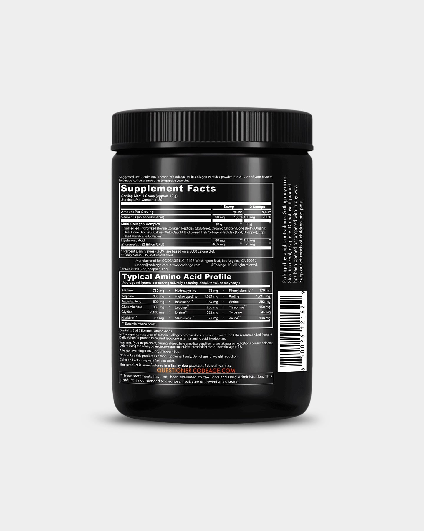 Codeage Hydrolyzed Multi Collagen Peptides Powder Supplement - Black Edition | Supports Skin, Hair & Joint Health | Ideal for Smoothies, Coffee & Post-Workout Recovery