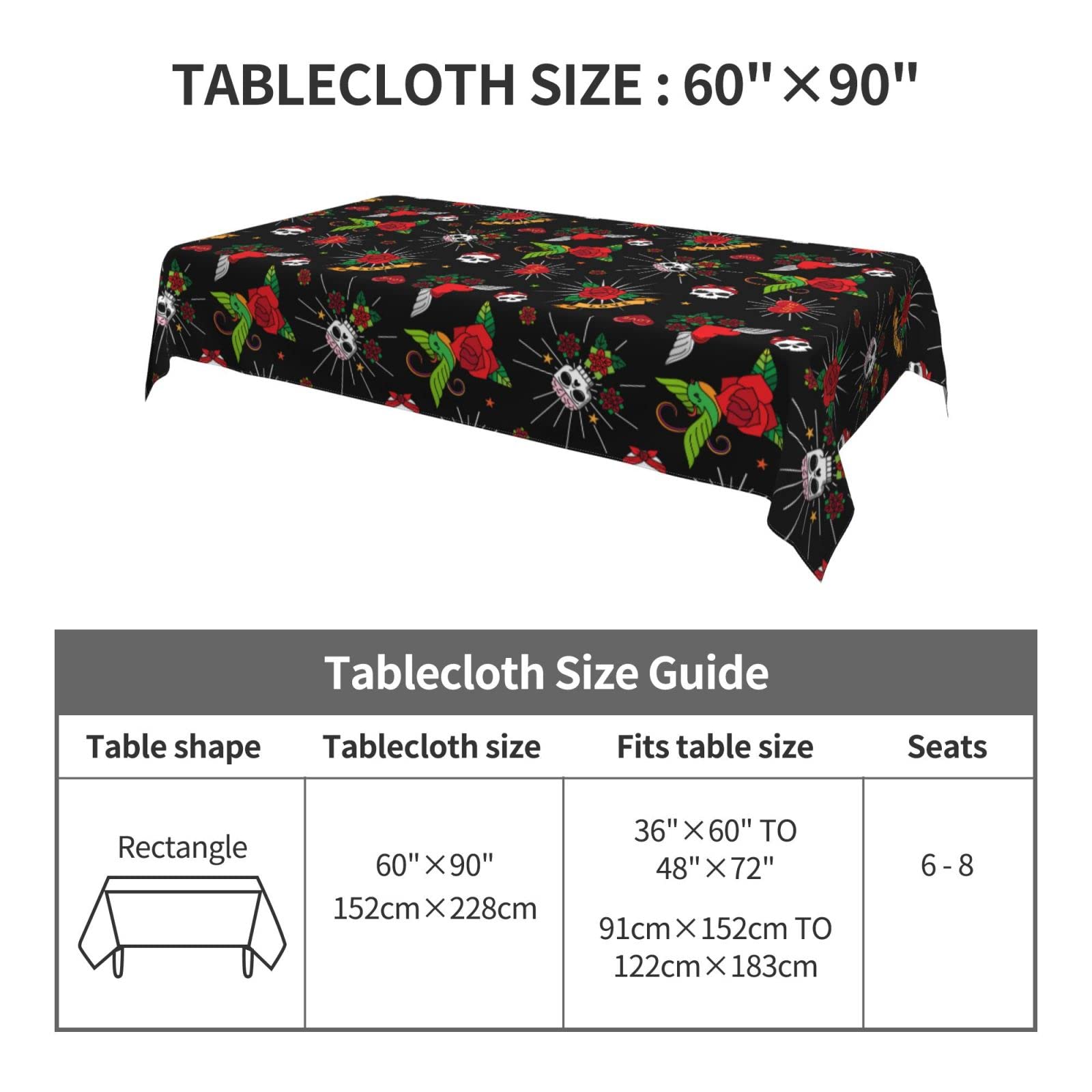 Skull Love Rectangle Tablecloth - Washable 60x90 Inch Gothic Kitchen Dining Table Cover for Halloween, Gothic Party & Home Decor