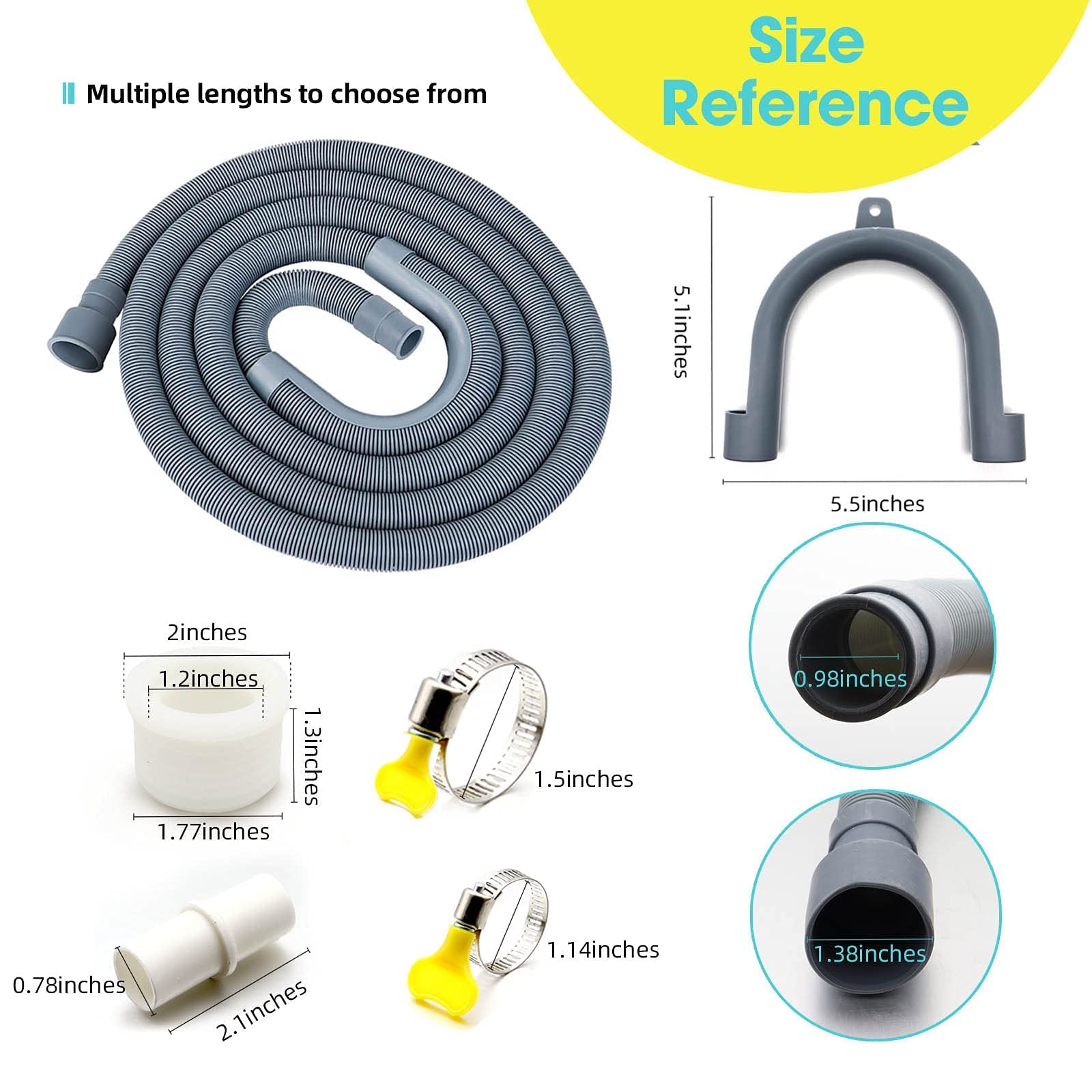 6.6FT Washing Machine Drain Hose Extension Kit with Adapter & Clamps for Dishwasher/Washer