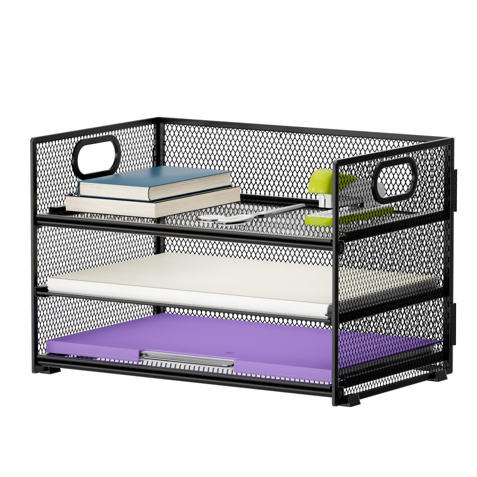 Marbrasse 3-Tier Mesh File Organizer with Handle - Desktop Paper Sorter & Letter Tray for Office Documents, Mail, Bills - Perfect for Home Office, School, and Workspace Organization