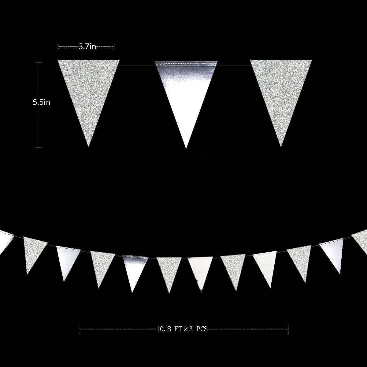 30 Ft Silver Glitter Metallic Triangle Banner Garland - Party Decorations for Graduation, Wedding, Engagement, Anniversary, Bachelorette, Birthday, Baby & Bridal Shower - Perfect for Indoor & Outdoor Celebrations