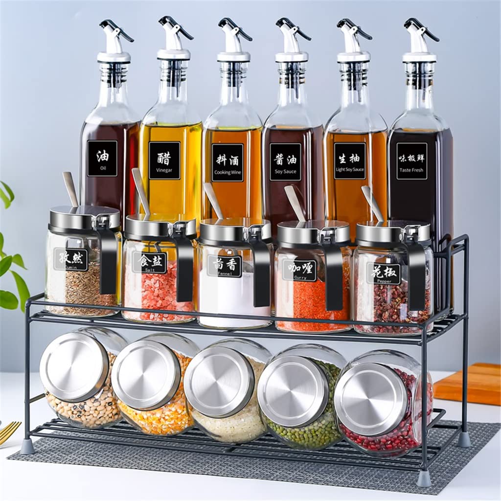 Premium 17-Piece Kitchen Sugar & Spice Jars Set with Oil Spray Bottle - Airtight Food Storage Containers, Sauce Dispenser & Spice Organizer Rack - Perfect for Pantry Organization, Baking Essentials & Meal Prep Accessories (Color: A)