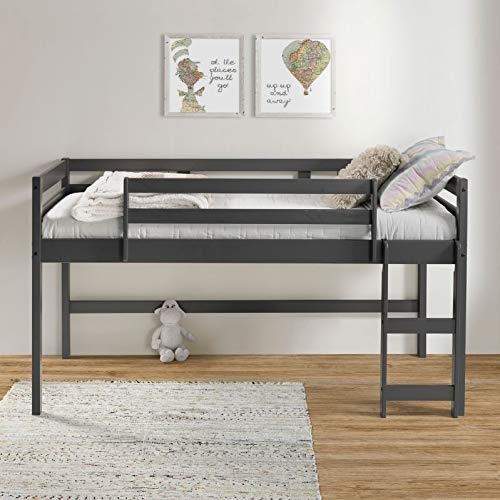 Solid Wood Twin Low Loft Bed Frame with Guard Rail & Ladder - Sturdy Kids Bed for Boys & Girls - No Box Spring Needed - Classic Children's Loft Bed with Storage - Perfect for Small Bedrooms & Dorm Rooms (Gray)