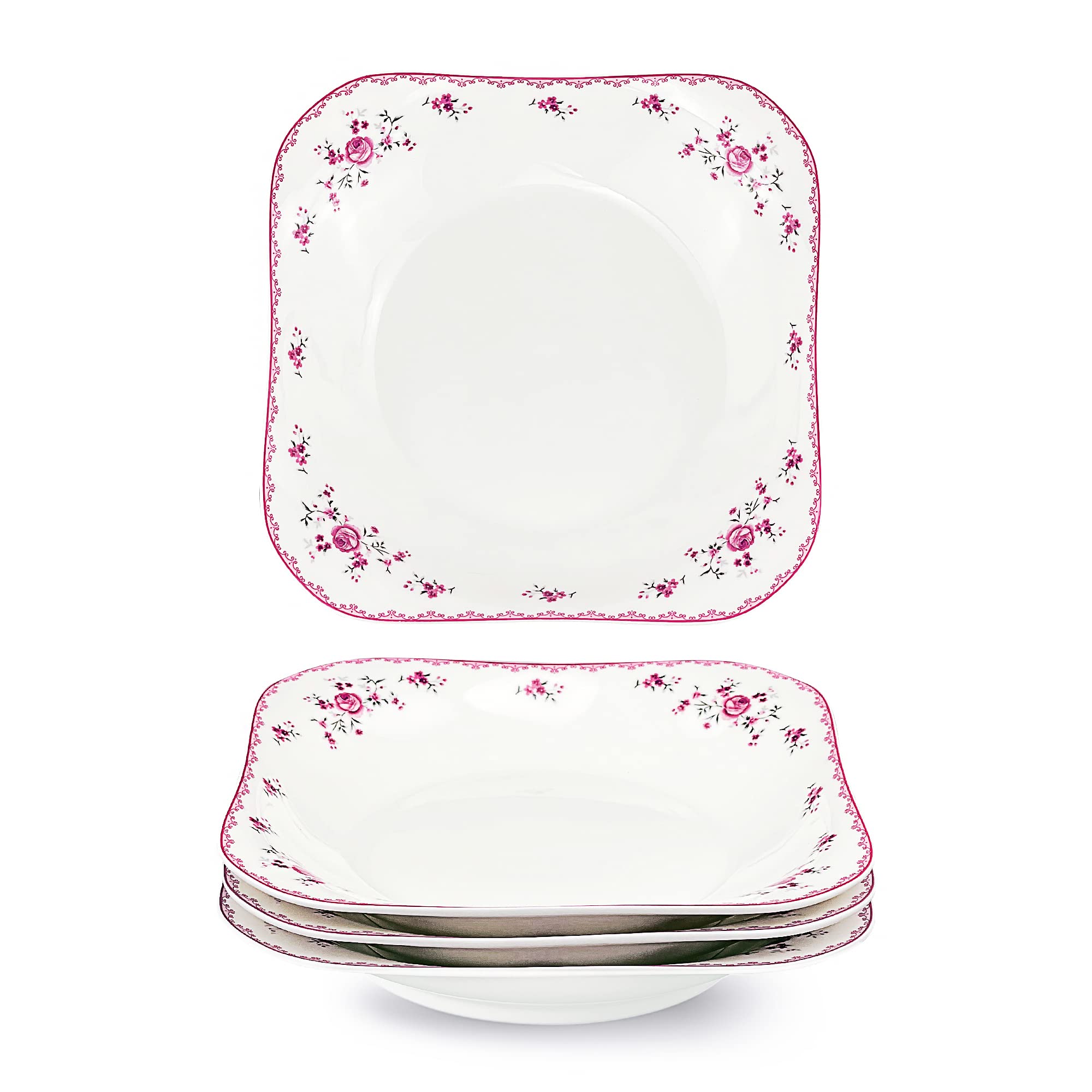 Fanquare 7 Inch Porcelain Salad Plates Set of 4 - Square Soup Bowls for Pasta, Ramen, Dessert - Pink Roses Floral Design - Perfect for Dinner Parties, Restaurants & Home Decor