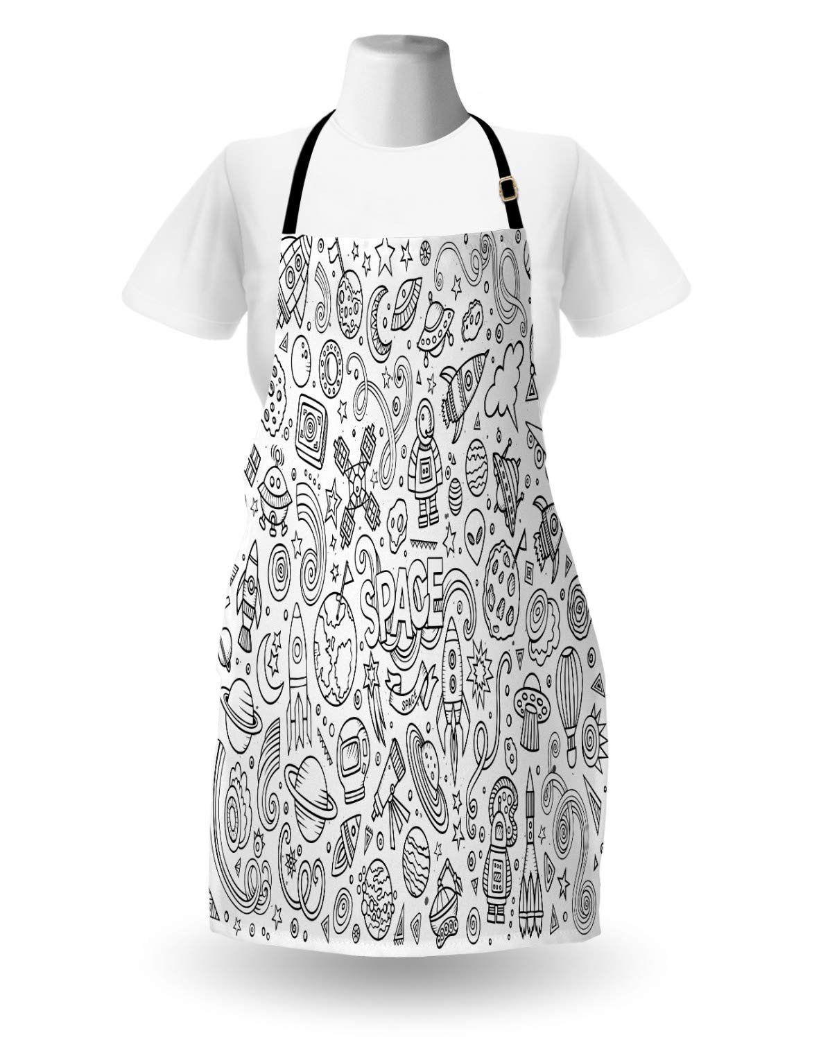 Ambesonne Cartoon Apron - Sketch Abstract Planets Doodle Drawing Style, Adjustable Unisex Kitchen Bib for Cooking & Gardening, Adult Size White & Black - Perfect for Home Chefs, BBQ Parties & Artsy Gift Ideas