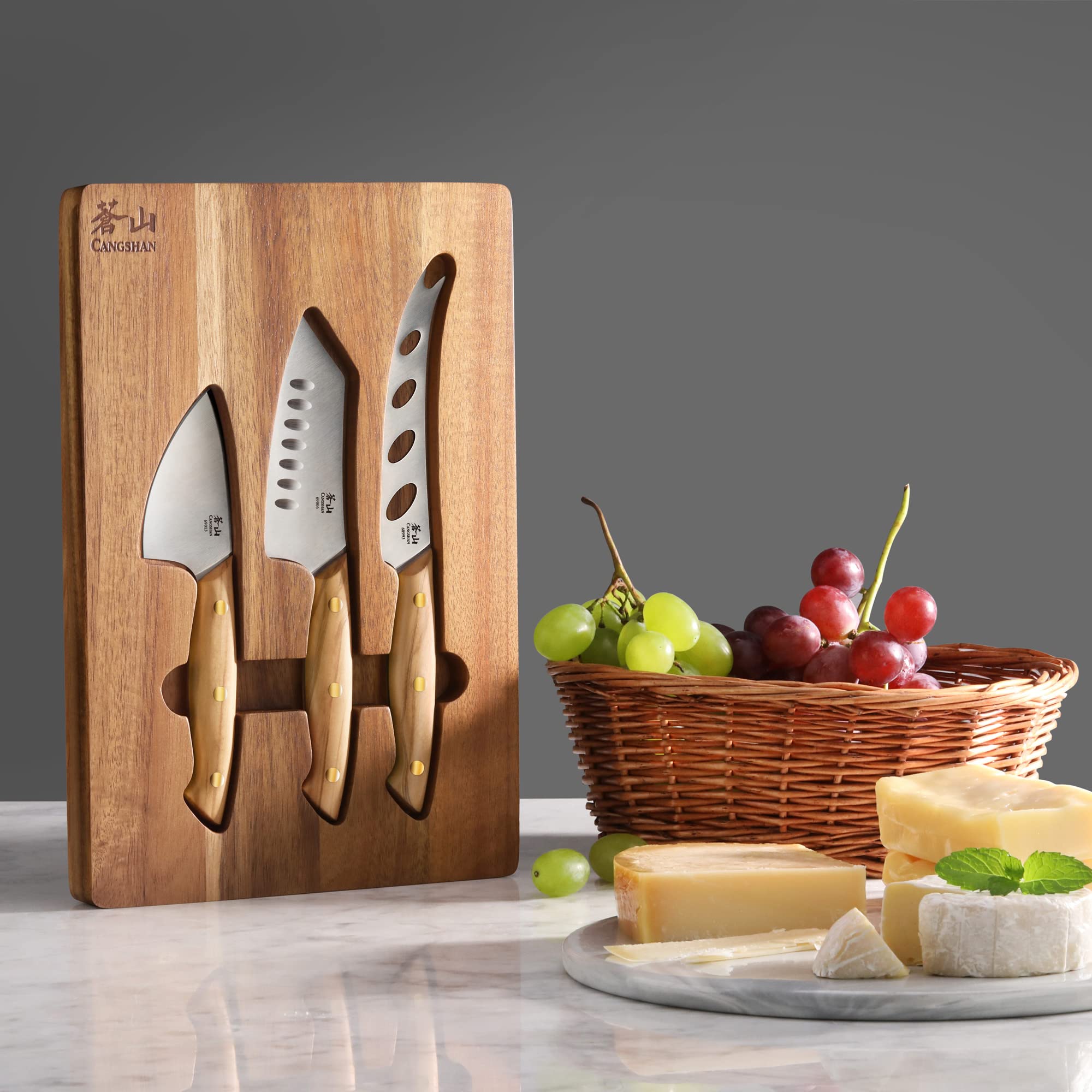 Cangshan 3-Piece Olive Wood Cheese Knife Set with Acacia Wood Cheese Board - Perfect for Wine Tasting, Charcuterie Boards & Entertaining Guests