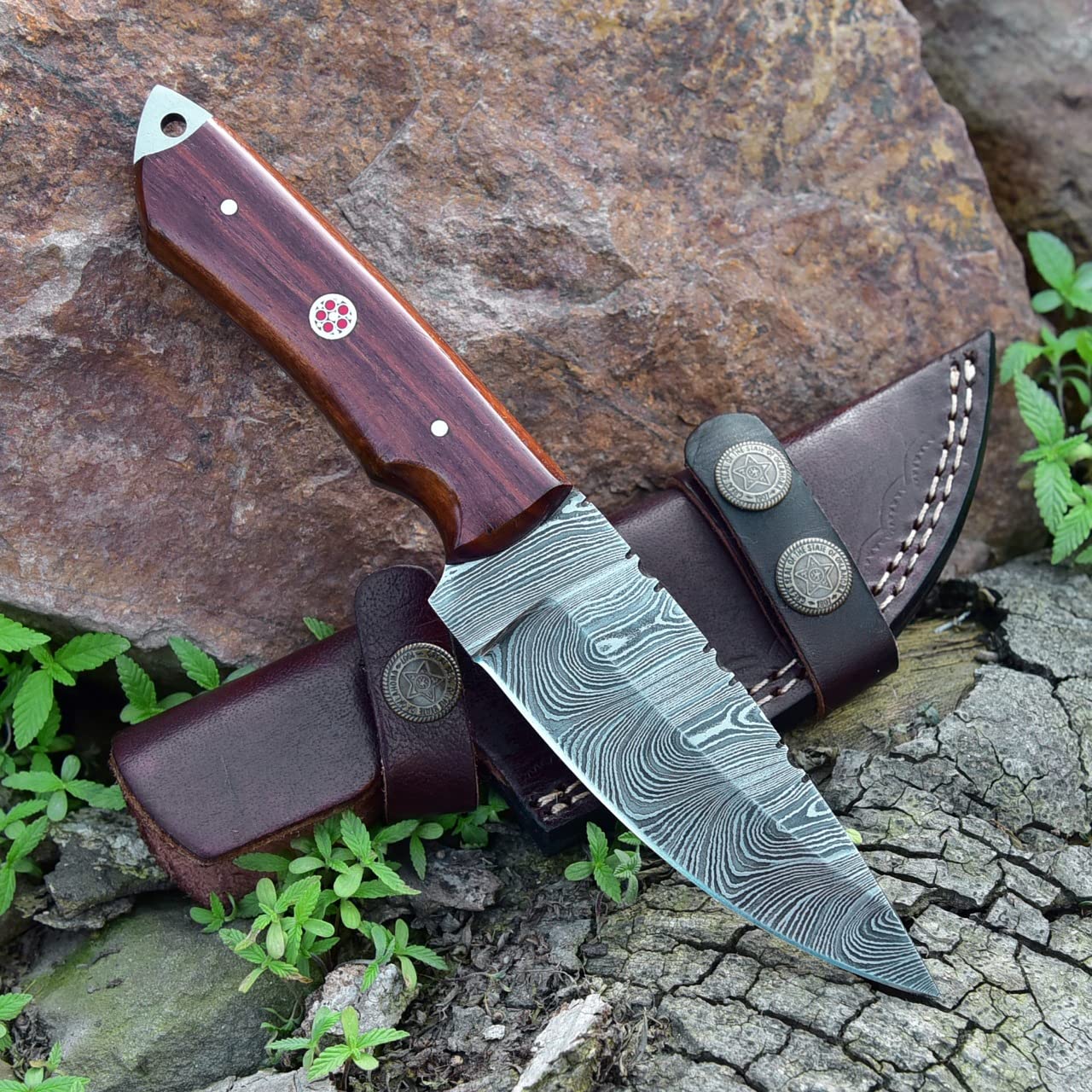 Premium Grace Knives Handmade Damascus Steel Fixed Blade Hunting Knife - 8.5 Inch Outdoor Survival Tool with Leather Sheath (G-1051) - Perfect for Camping, Bushcraft & Wilderness Adventures