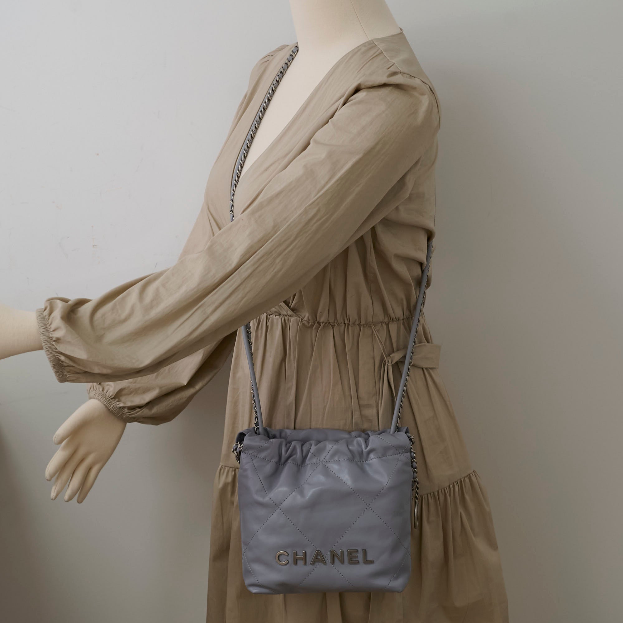 Chanel Mini 22 Handbag Grey Leather Crossbody Bag with Microchip - Perfect for Everyday Use, Date Night & Travel Accessories
