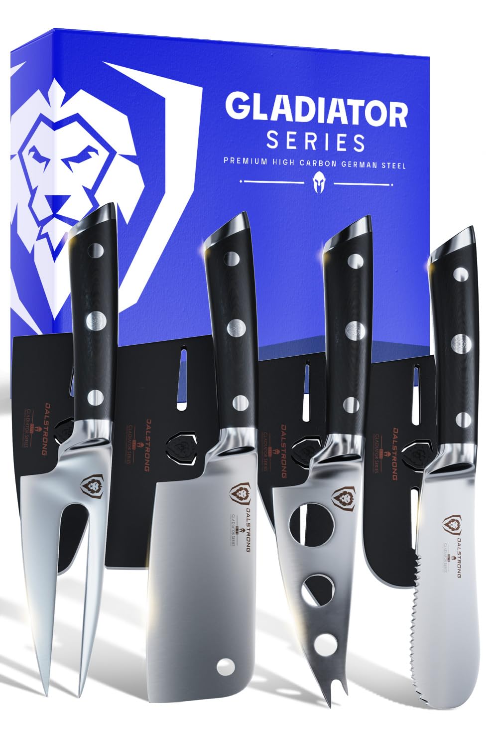 Premium Dalstrong Charcuterie & Cheese Knife Set - 4-Piece Gladiator Series Elite with Mini Cleaver, Serrated, Round-Tip & Forked Knives - G10 Handle for Soft & Hard Cheese - NSF Certified - Perfect for Charcuterie Boards, Cheese Platters & Gourmet Entertaining