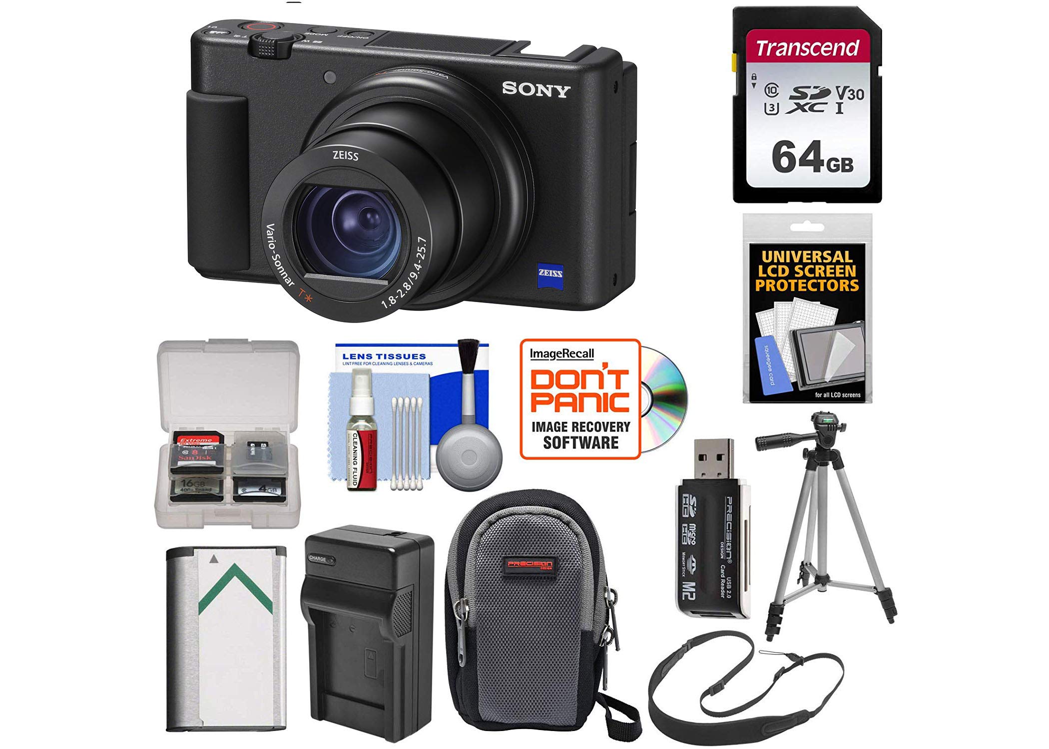 Sony ZV-1 Vlogging Camera with 64GB Memory Card, Extra Battery & Charger, Carrying Case, Tripod, Strap - Perfect for YouTube, Travel & Content Creation