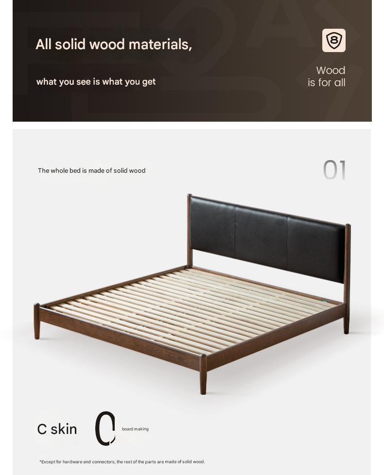 Italian Light Luxury Oak Solid Wood Leather Soft Bed - Elegant and Durable Bed Frame for Master Bedroom, Guest Room, or Modern Home Decor