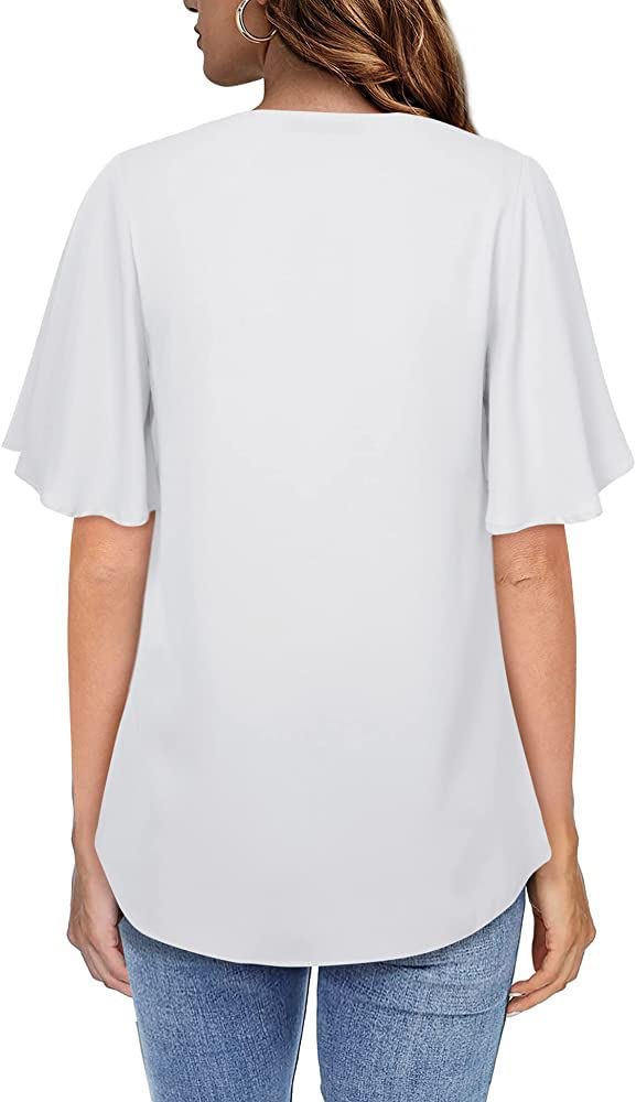 Elegant Women's V-Neck Ruffle Sleeve Chiffon Blouse - Flowy Casual Dressy Top for Work, Party & Date Night | Women's Blouses & Tops Collection