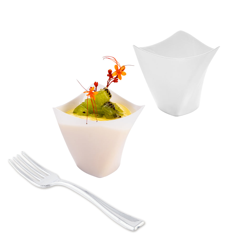 100-Pack 4 oz White Plastic Mini Crescendo Cups & 100 Silver Plastic Mini Forks - Perfect for Parties, Weddings, and Catering Events