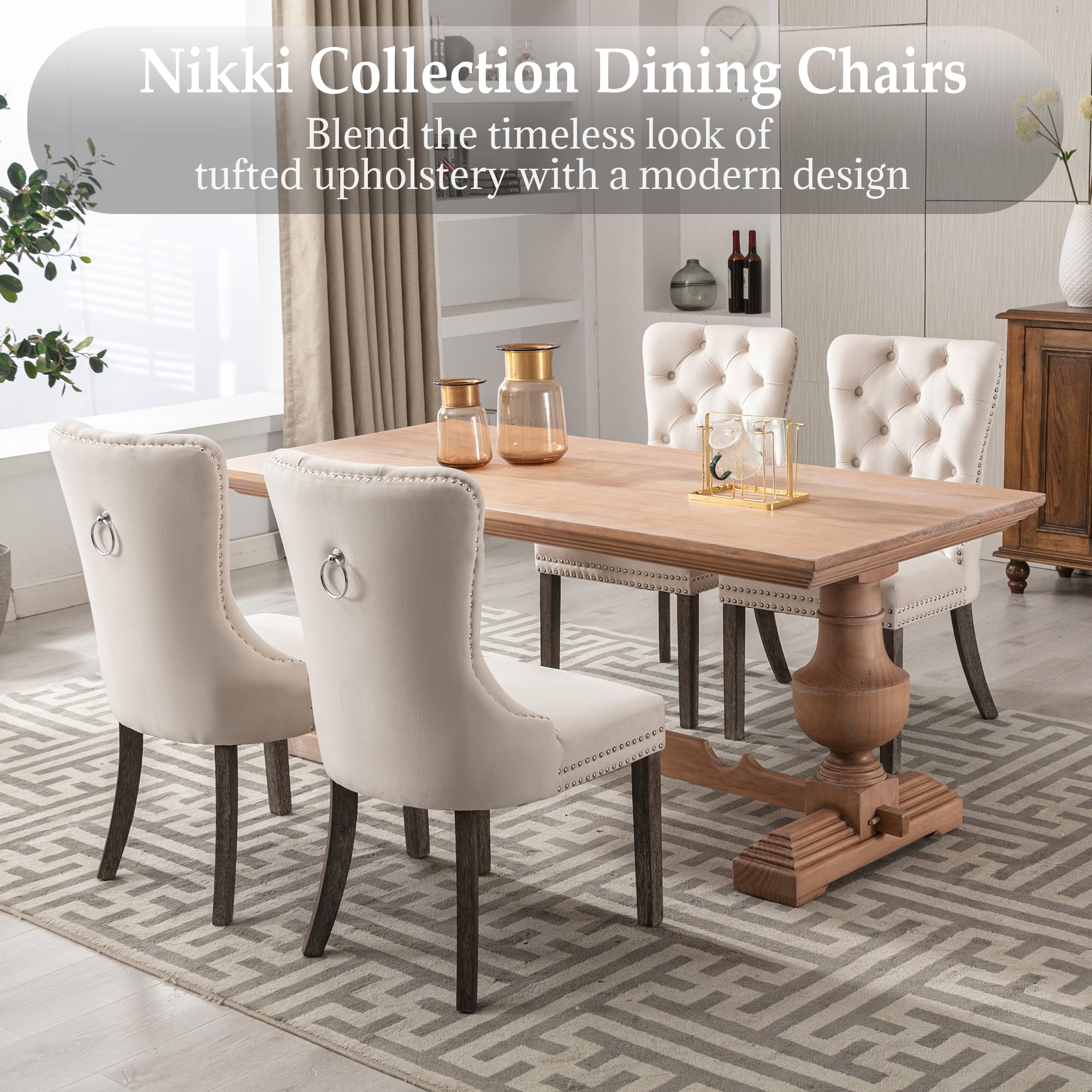 Civama 6-Piece Velvet Upholstered Dining Chairs Set - Tufted Back with Nailhead Trim & Pull Ring, Nikki Collection Armless Kitchen Chairs with Solid Wood Legs in Beige - Perfect for Dining Room, Kitchen, Banquet & Home Decor