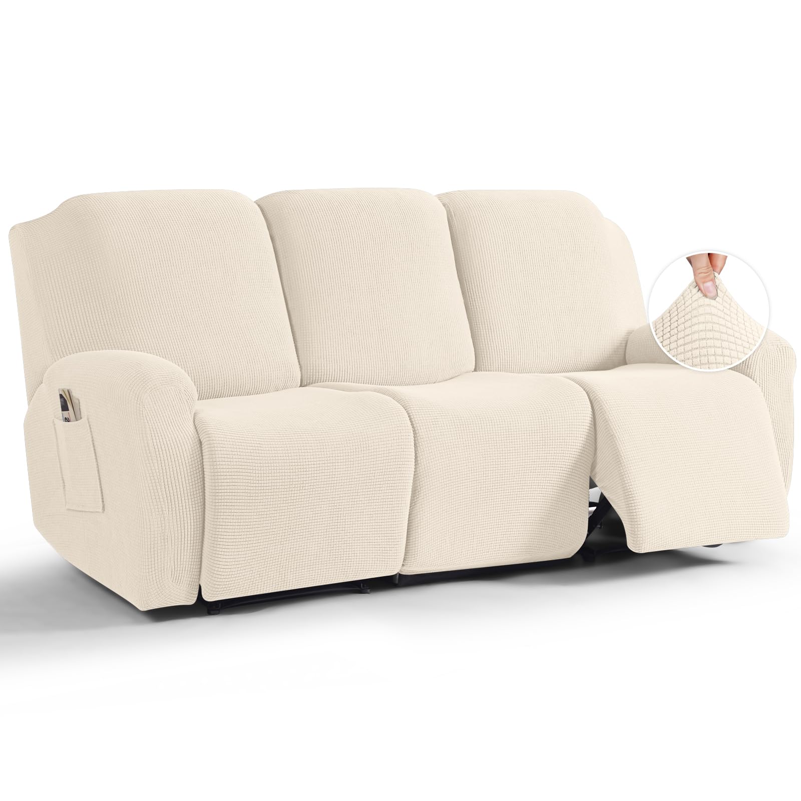 TAOCOCO 8-Piece Stretch Recliner Sofa Cover Set - Soft Jacquard Fabric Slipcover for 3-Seat Reclining Couches, Furniture Protector in Beige | Perfect for Living Room, Home Theater & Family Gatherings