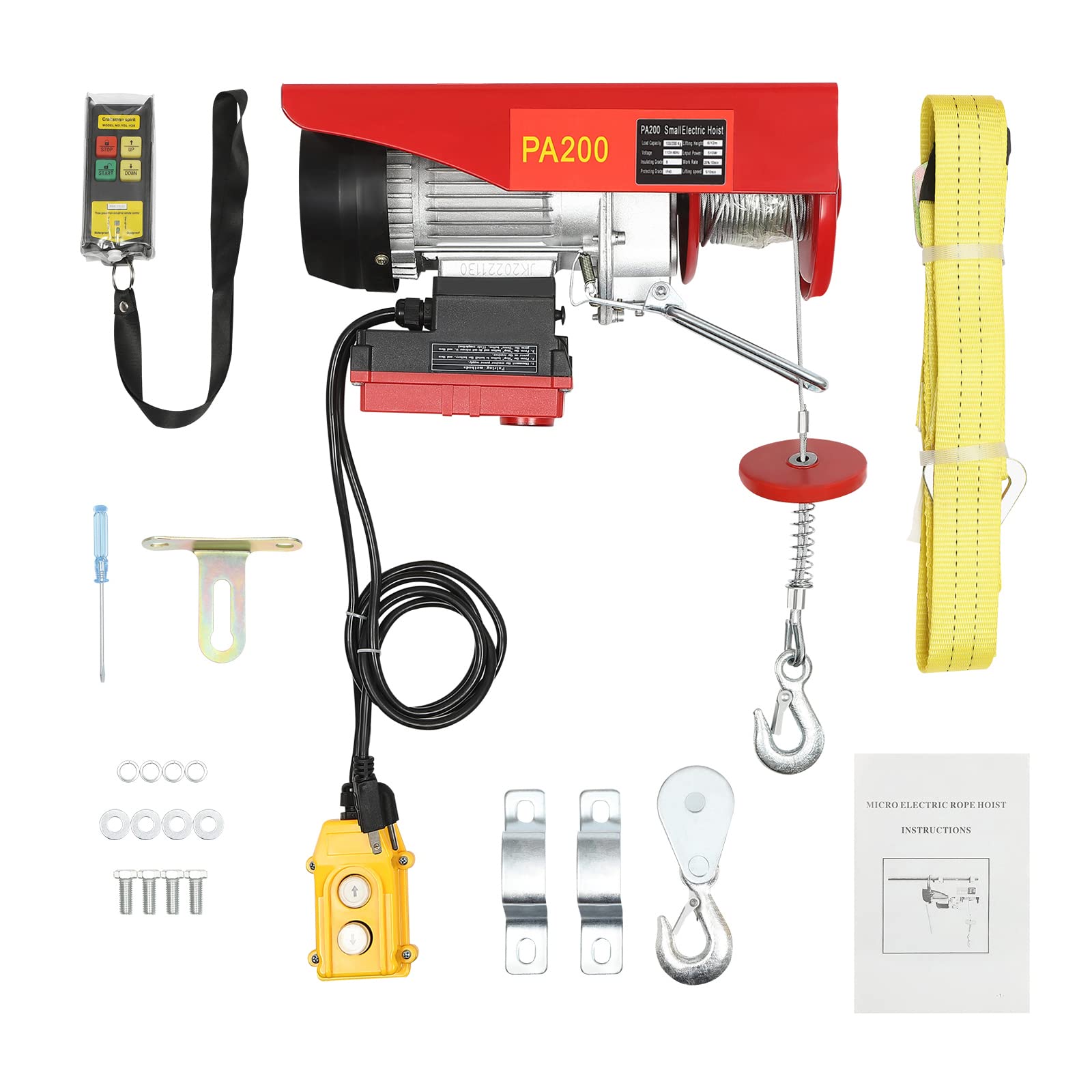 440 LBS Capacity 2-in-1 Wireless Electric Hoist - 510W 110V Steel Lift with Remote Control & Single/Double Slings - Perfect for Factory, Warehouse & Construction Site Lifting Operations