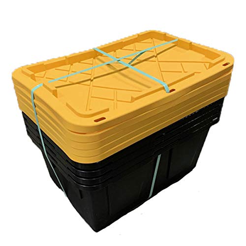 MonsterRAX 27 Gallon Storage Bins - 5-Pack Stackable Plastic Containers with Lockable Yellow Lids & Black Base for Home, Garage, Office Organization