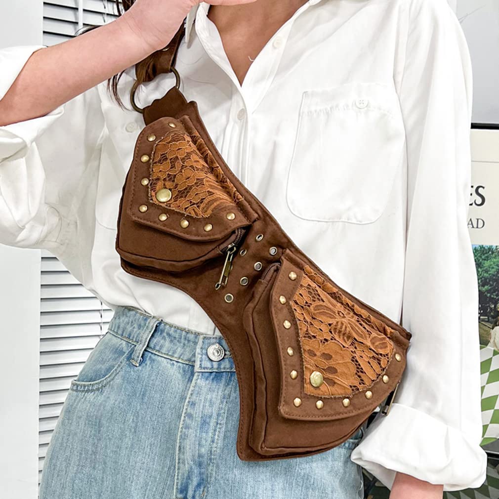 **KPYWZER Women's Cotton Fanny Pack - Lace Waist Bag for Renaissance Faire, Festival, Travel, Workout & Outdoor Activities - Brown Hip Belt Money Pouch for Daily Use**