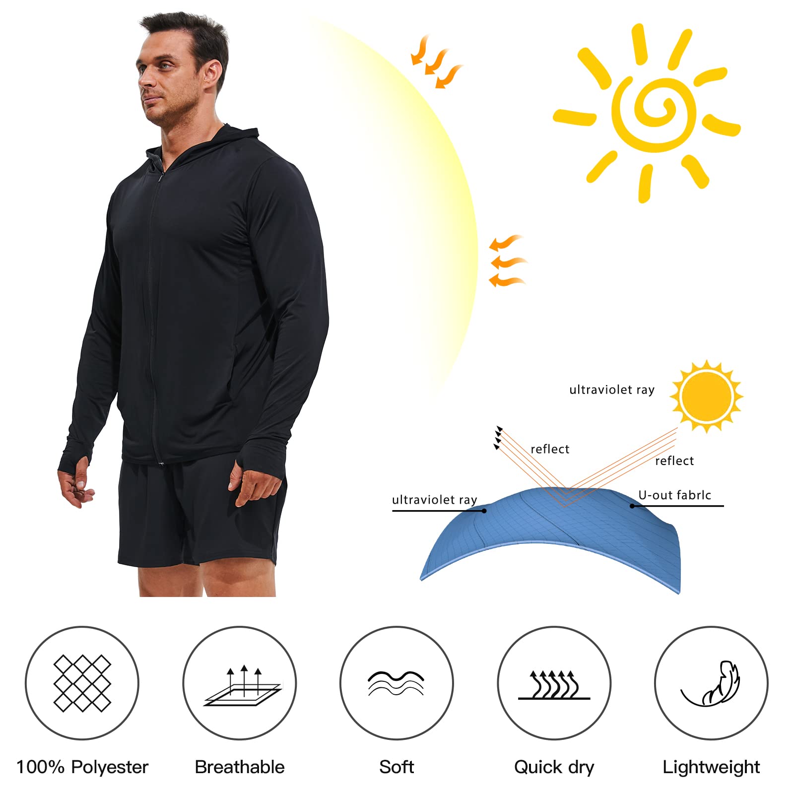 Men's UPF 50+ Sun Protection Hoodie - Lightweight Full Zip Long Sleeve Jacket with Pockets for Hiking, Fishing & Outdoor Activities