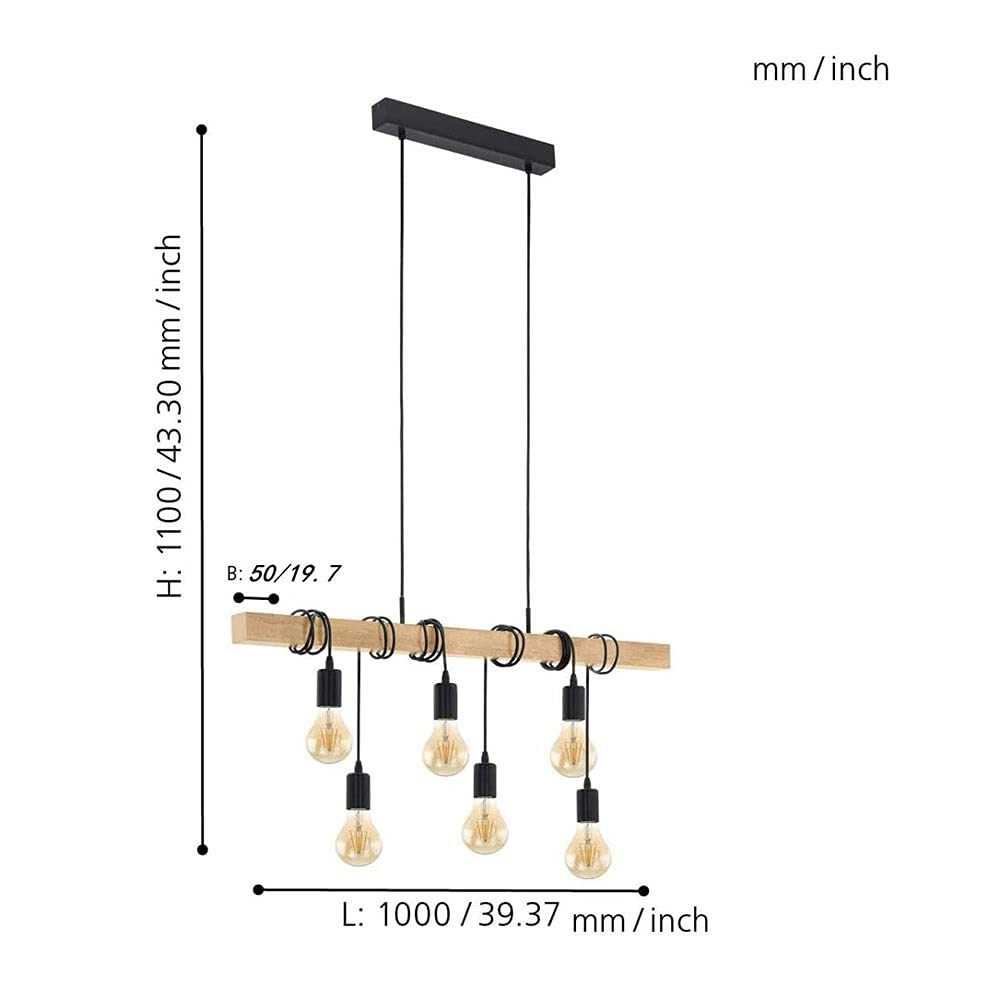 6-Light Modern Hanging Chandelier - Solid Wood E27 Pendant Lighting for Dining Room, Cafe, Bar & Retail Stores - Black Industrial Style Ceiling Light for Home & Commercial Decor