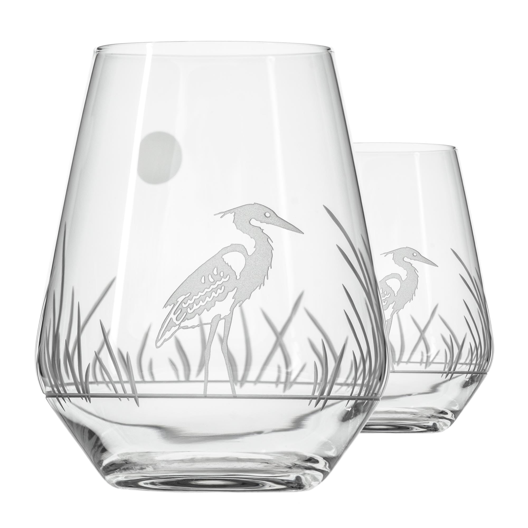 Premium Rolf Glass Heron Stemless Wine Tumbler Set of 2 - 18oz Lead-Free Engraved Glasses - Handcrafted in USA - Perfect for Red Wine, White Wine & Cocktails - Elegant Home Bar & Dinner Party Drinkware