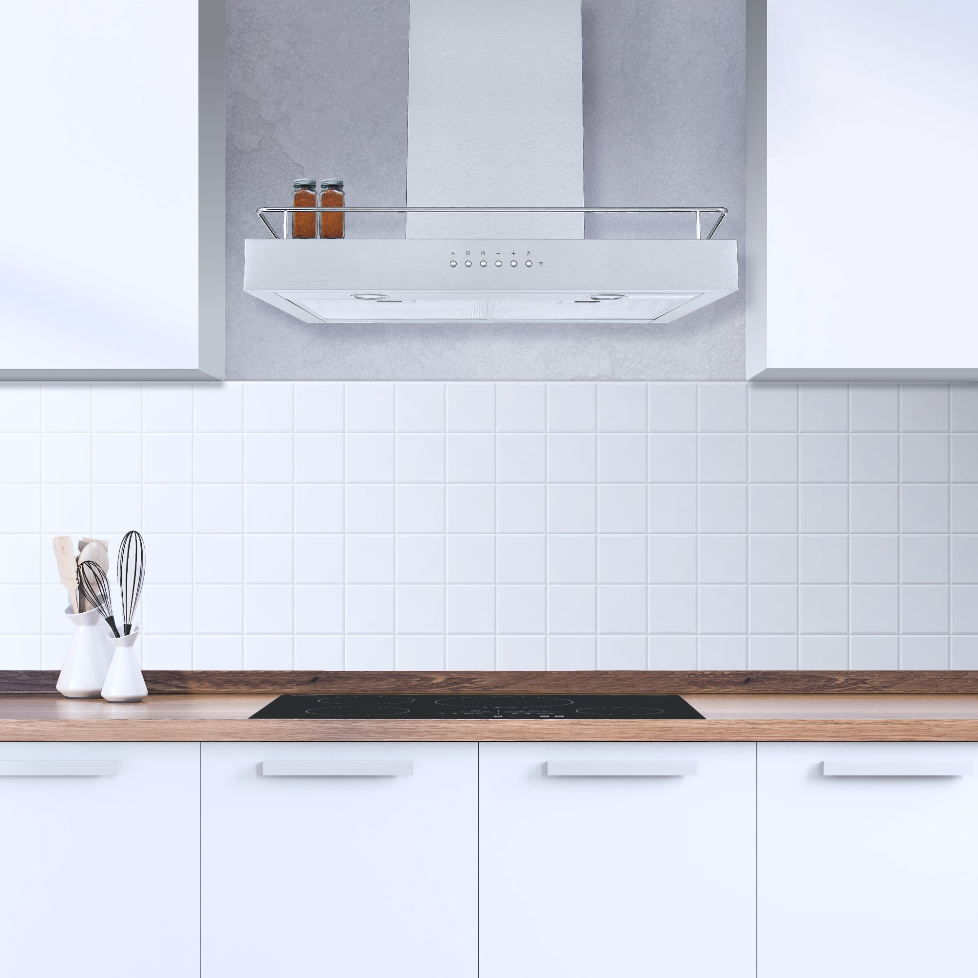 Ancona 30-inch 450 CFM Stainless Steel Convertible Wall Mount Range Hood with Auto Night Light & Built-in Shelf - Perfect for Kitchen Ventilation & Modern Home Decor