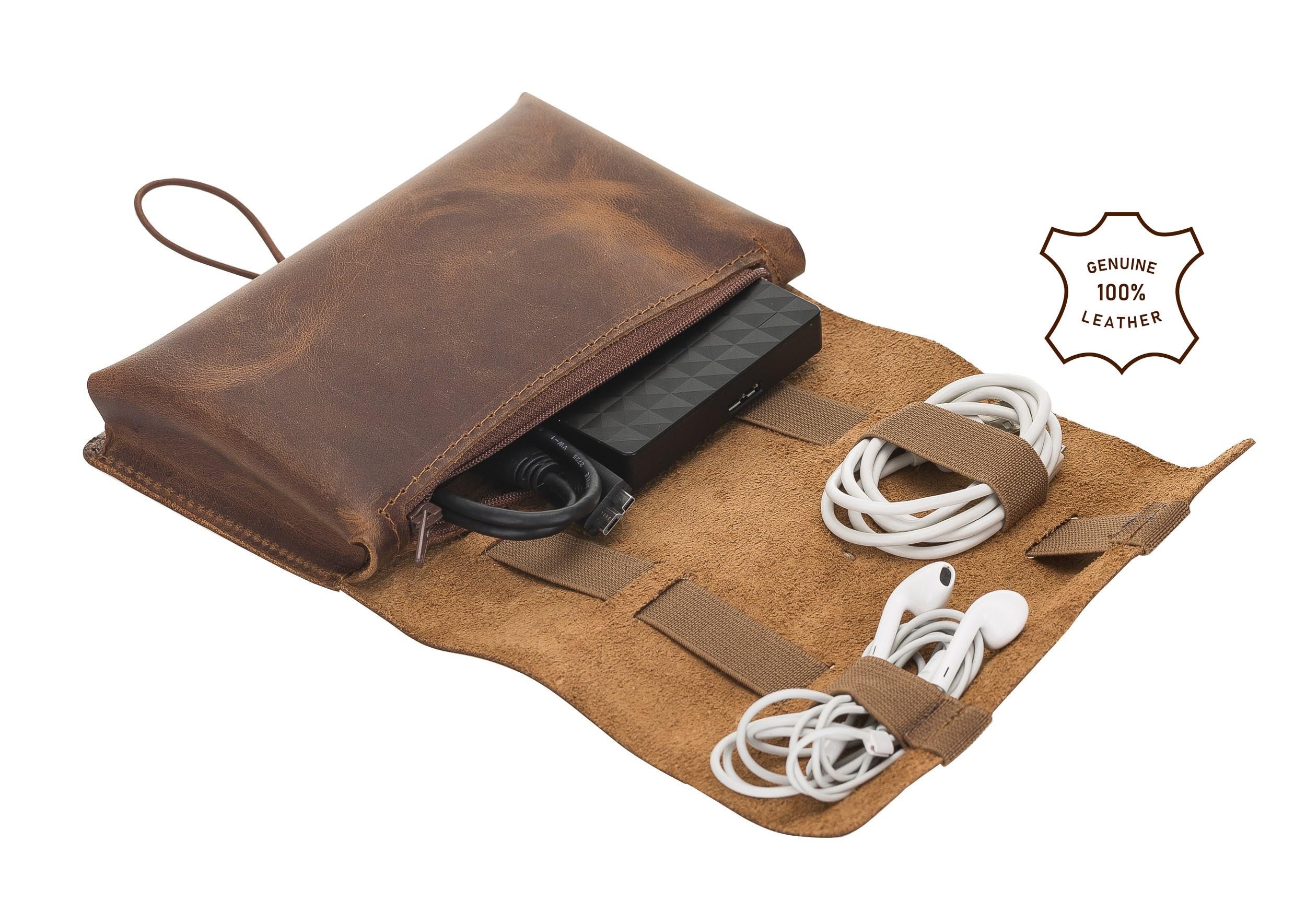 Genuine Leather Electronic Cable Organizer Bag - Handmade Travel Cord Storage Roll Case for Hard Drives, Chargers, Phones, USB Cables & SD Cards - Medium Brown - Perfect for Office, Travel & Home Organization