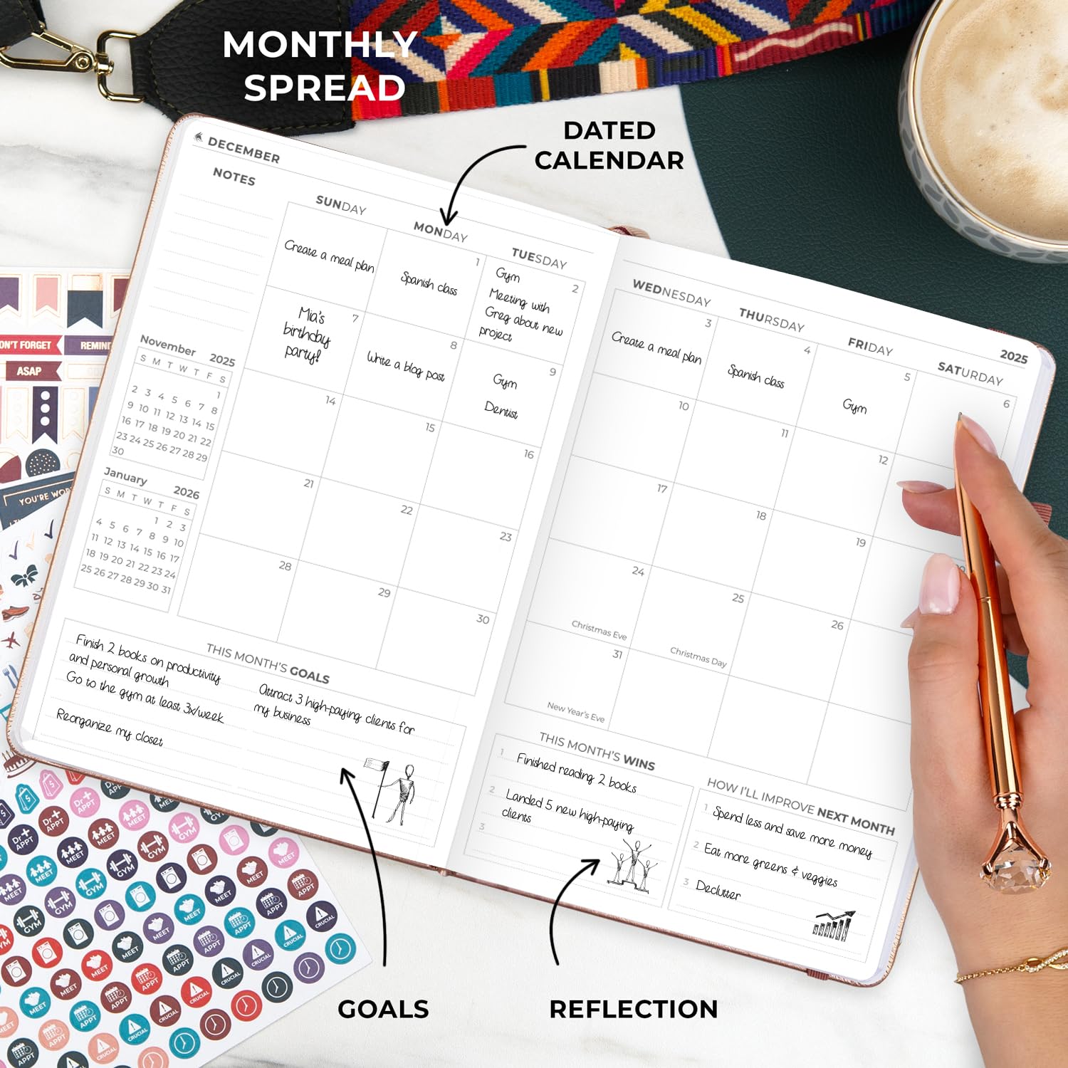 Clever Fox Dated Planner Premium 2025 - Weekly & Monthly Agenda Organizer for Productivity - Goal Setting Notebook with Habit Tracker, To-Do Lists & Stickers (Rose Gold) - Perfect for Students, Professionals & Entrepreneurs