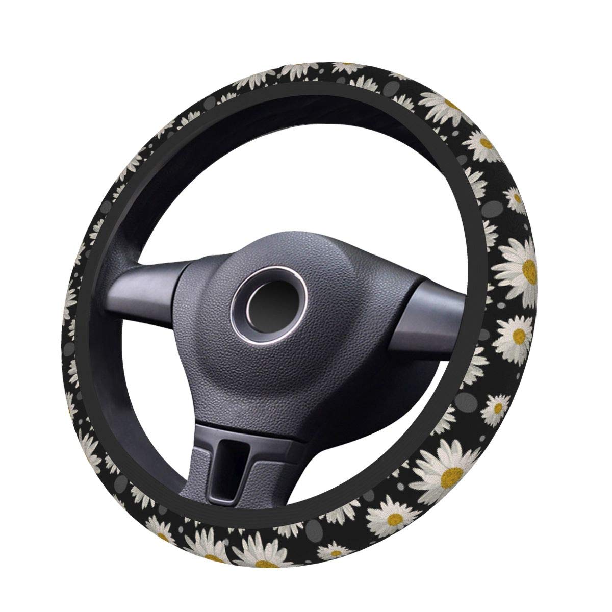 Delerain White Daisies Steering Wheel Cover - Anti-Slip Elastic Car Accessories, Universal 15 Inch Steering Wheel Protector for Men & Women - Perfect for Summer Driving, Road Trips, and Daily Commute