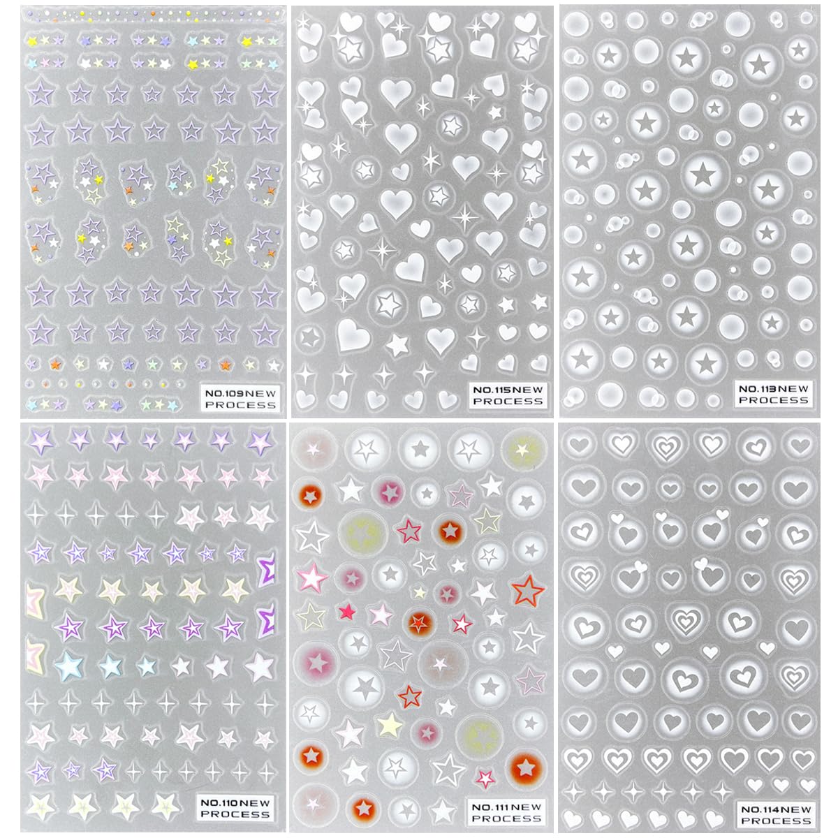 6 Sheets Heart Star Nail Art Stickers - Self-Adhesive 3D Translucent Nail Decals with Hollow Love Design for French Manicure, Airbrush Nails, DIY Crafts - Perfect for Salon, Home Nail Art & Gift Giving