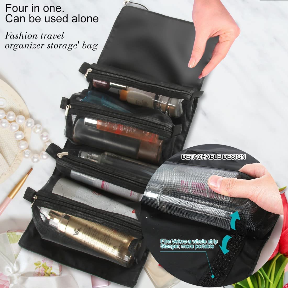 Vroxy Portable Foldable Hanging Roll-Up Makeup Bag | Detachable Toiletry Organizer | Travel Cosmetic Storage Pouch (1 Pack) | Perfect for Camping, Gym & Airplane Carry-On Essentials