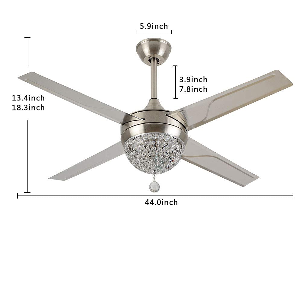 Modern Crystal Ceiling Fan with Remote Control - 44 Inch LED Chandelier & Silent Electric Fan with 4 Stainless Steel Blades - Silver Home Decor for Living Room & Dining Room | Perfect for Cooling & Lighting in Bedrooms, Offices, and Patios