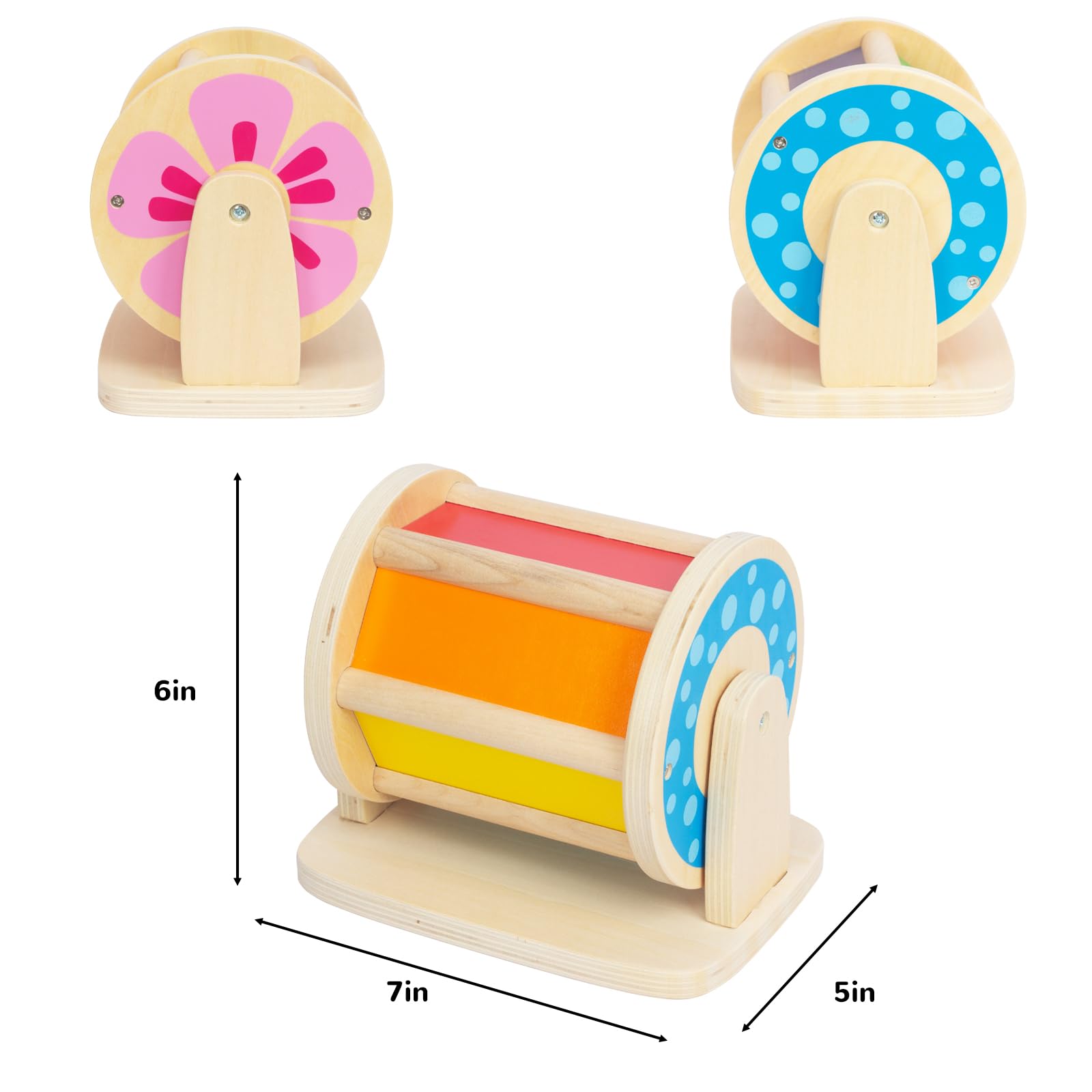 Montessori Spinning Drum, Wooden Tummy Time Mirror & Rainbow Fabric Ball Kit - Educational Baby Toys for 6-12 Months Toddlers - Perfect for Sensory Play, Early Learning & Developmental Activities