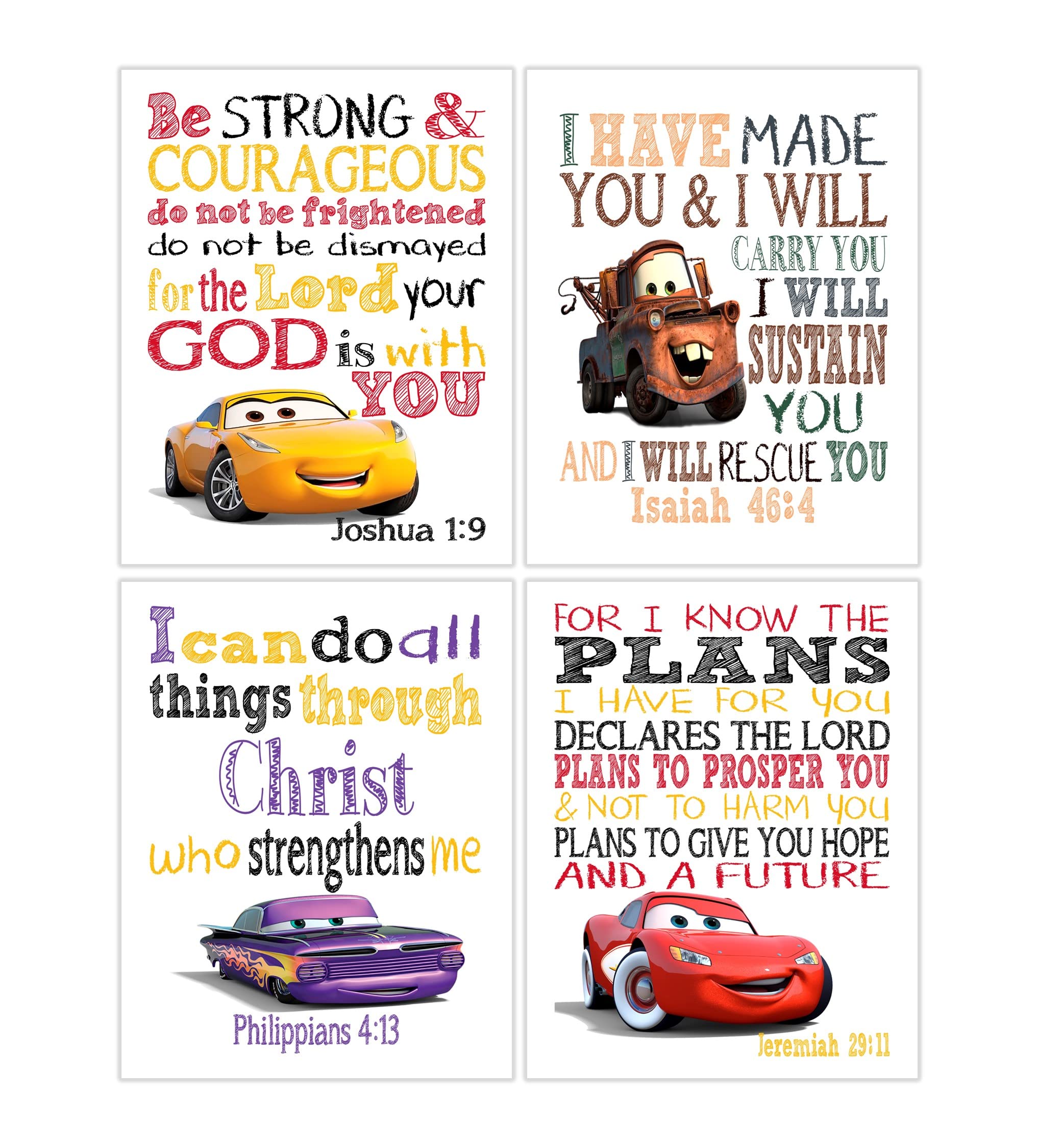 Christian Nursery Wall Art - Set of 4 Unframed Lightning McQueen & Tow Mater Bible Verse Prints for Baby Boys Room Decor | Perfect for Baptism Gifts & Sunday School Classroom