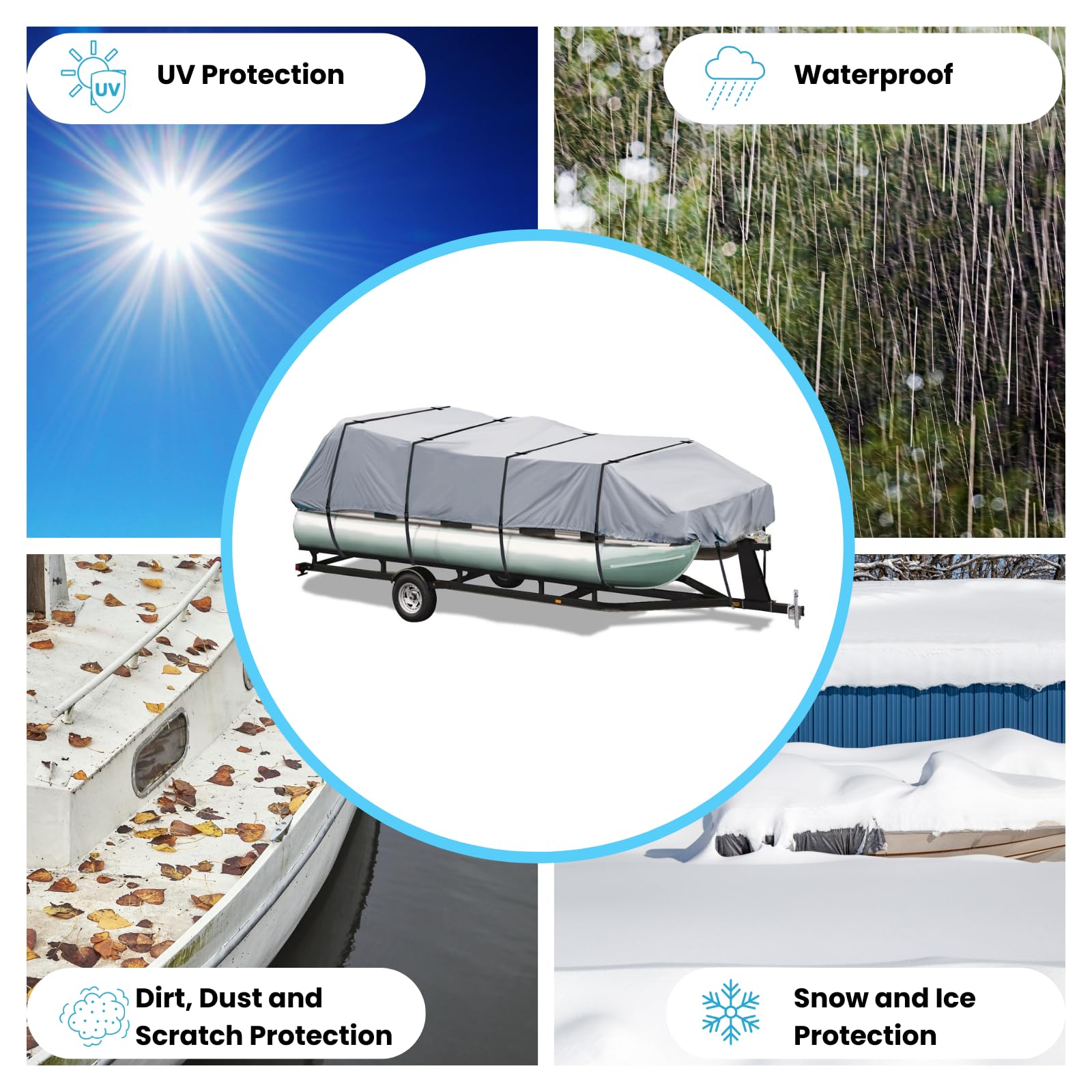 Heavy Duty 600D Polyester Waterproof Pontoon Boat Cover - Marine Grade Trailerable Deck Cover for 17ft-20ft Boats (Beam Width up to 102