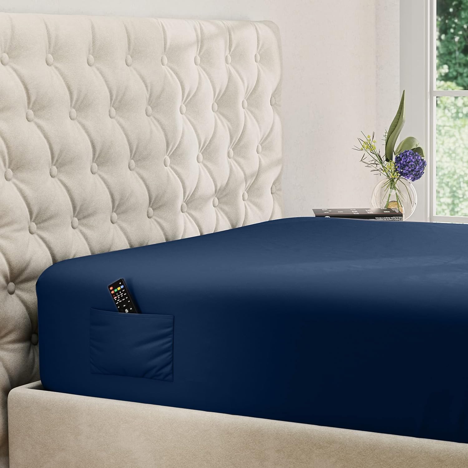 DREAMCARE Twin XL Fitted Sheet - Extra Deep Pocket 21 Inch Mattress Cover - OEKO-TEX Certified Luxury Hotel Quality Bedding - Soft Breathable Navy Blue Sheet for College Dorms, Guest Rooms & RV Beds