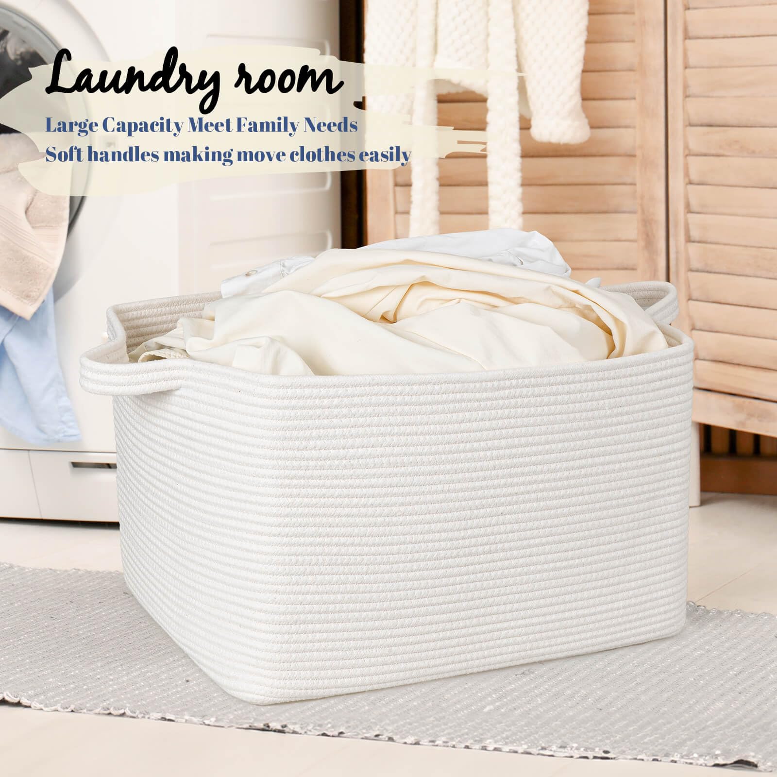 ZLG 50L White Rectangle Storage Basket with Handles - Nursery Cotton Rope Clothes Organizer, Shelf Basket for Towels & Home Essentials - 18 x 14 x 12 Inches - Perfect for Bedroom, Bathroom & Laundry Room Storage
