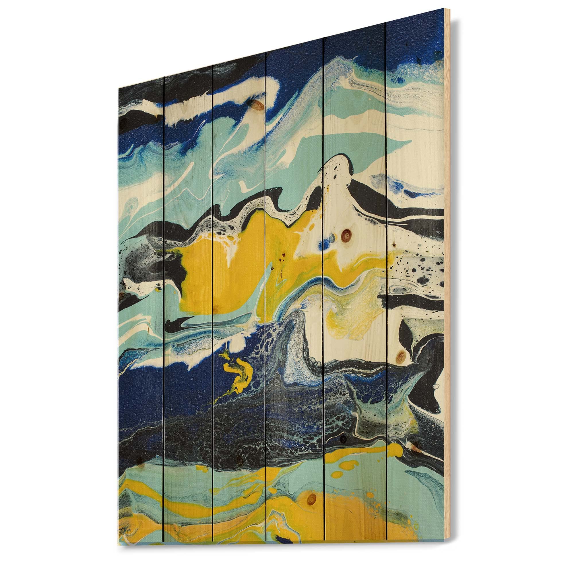 Abstract Marble Wood Wall Art - Yellow & Blue Modern Decor for Living Room