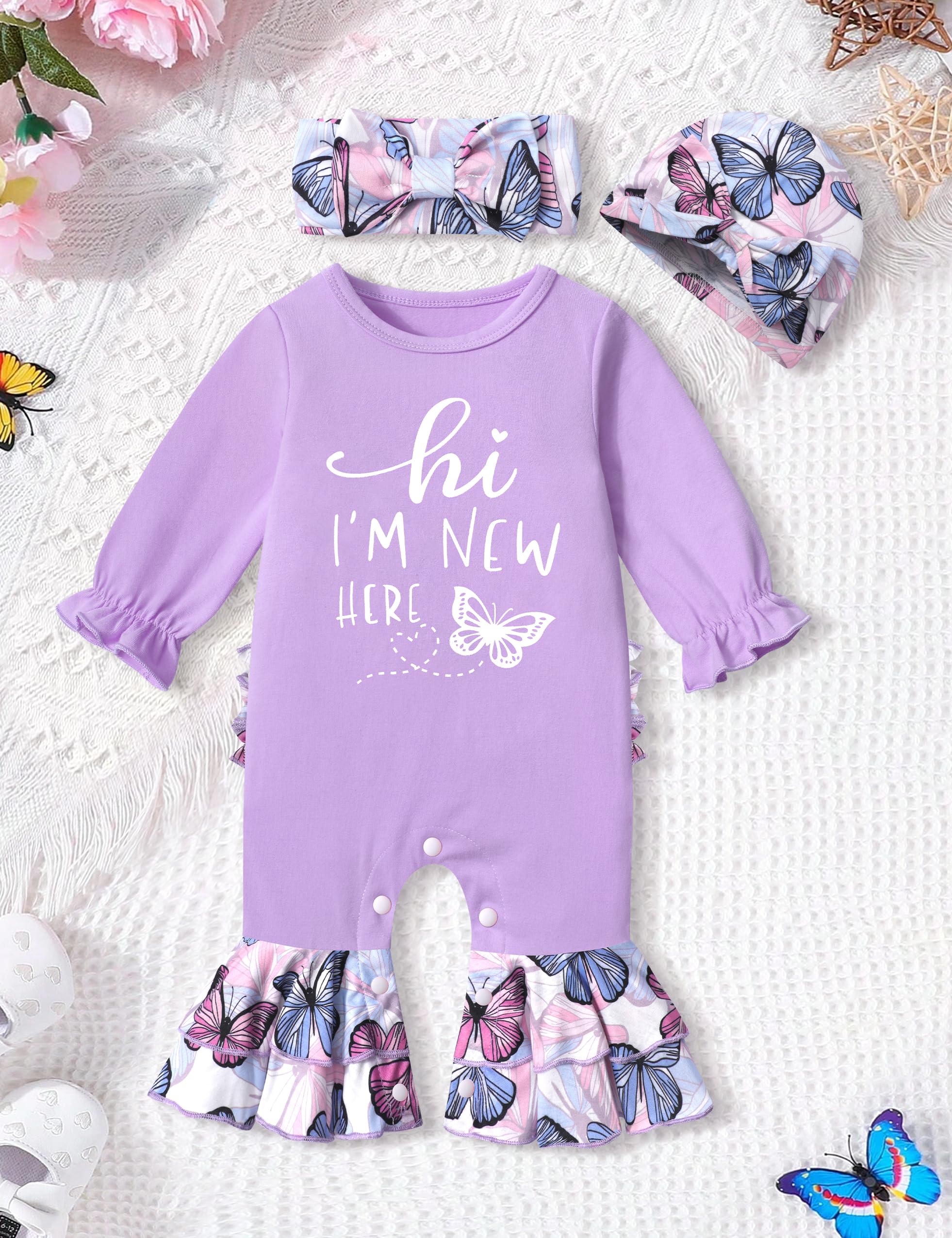 Adorable Newborn Baby Girl Outfit - Ruffle Letter Print Romper with Bell Bottom & Matching Headband Hat | Boho Chic Infant Jumpsuit for Photos, Parties & Everyday Wear