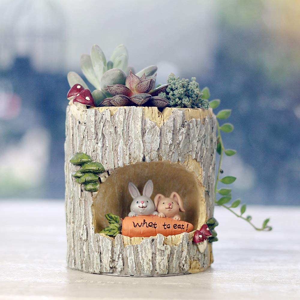 Cute Rabbit Resin Succulent Planter Pot - Animal Story Stump Flower Pot for Office Desk, Home Garden Decor | Perfect for Indoor Plants, Small Cacti & Desk Decorations