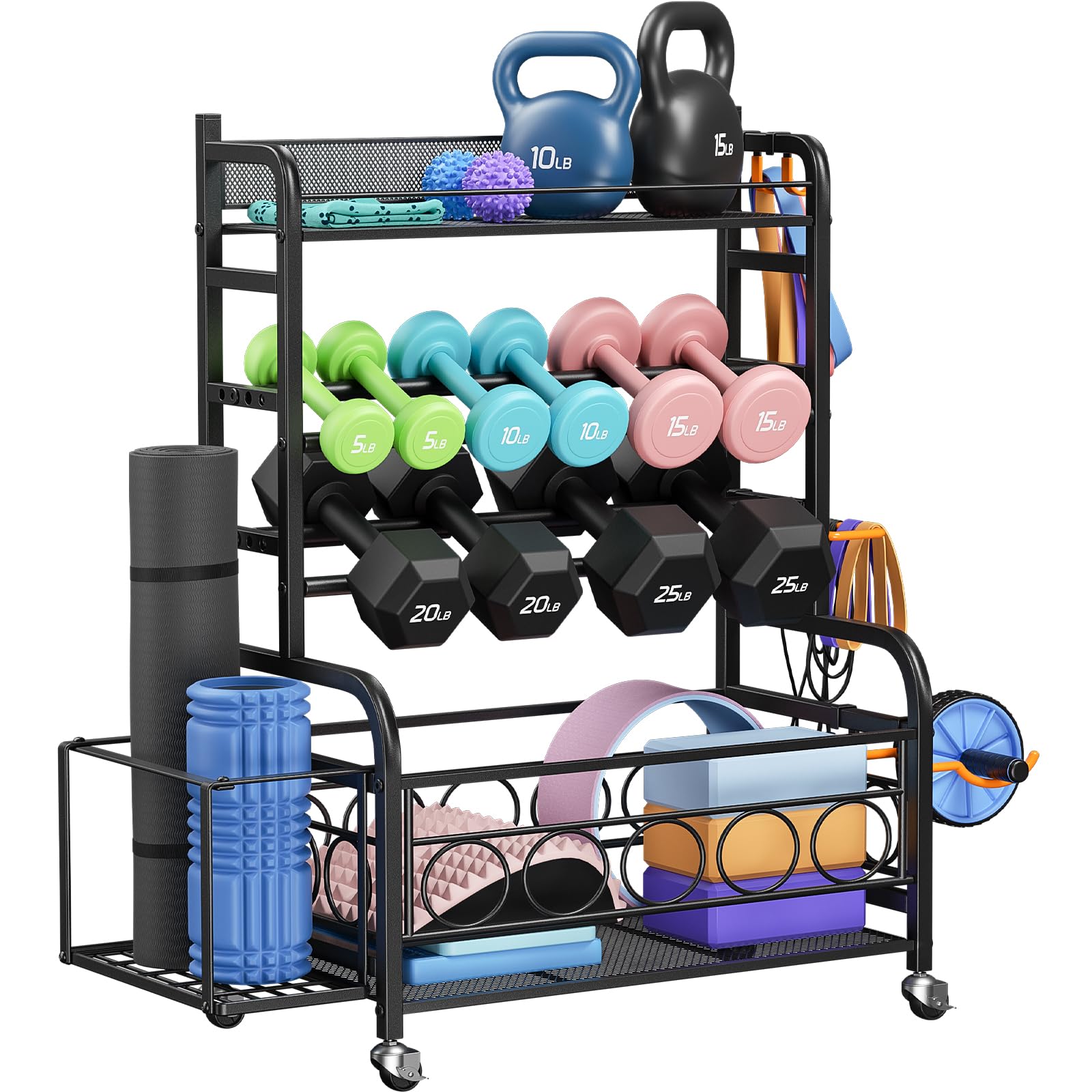 VOPEAK Heavy Duty Dumbbell Rack with Wheels - Adjustable Weight Stand for Home Gym Storage, Organizer for Dumbbells, Kettlebells, Yoga Mats & Strength Training Equipment - Perfect for Garage, Basement & Fitness Room Organization
