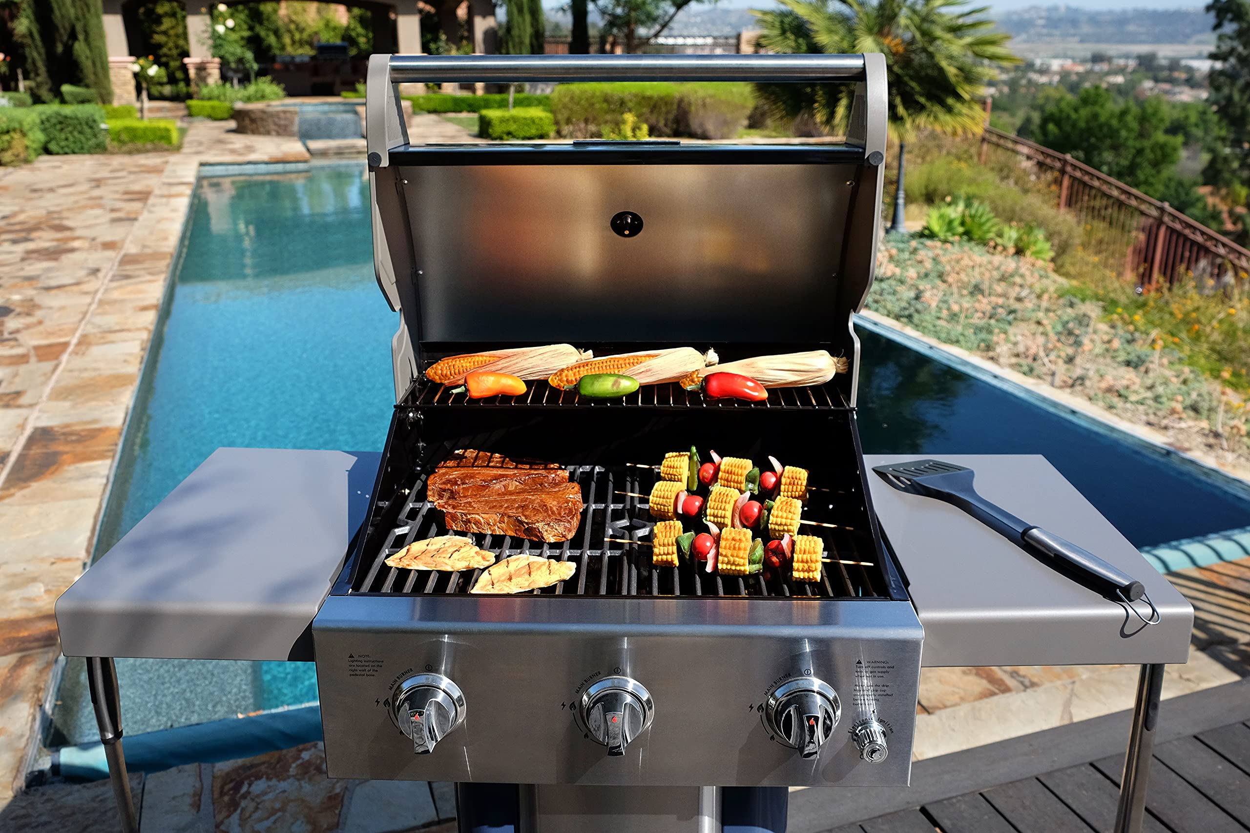 Premium Permasteel 3-Burner Propane Gas Grill - 30,000 BTU Outdoor BBQ Grill with Cast Iron Grates, Foldable Side Tables & Tool Hooks - Perfect for Backyard, Patio, and Camping - Azure Blue