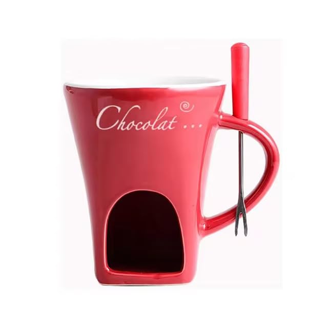 Premium Chocolate Fondue Mugs Set - 4.58 OZ Ceramic Melting Mugs with Forks for Chocolate, Cheese & Caramel - Includes Tealight Candle Holder - Perfect for Romantic Dinners, Dessert Parties & Fondue Nights (Red)