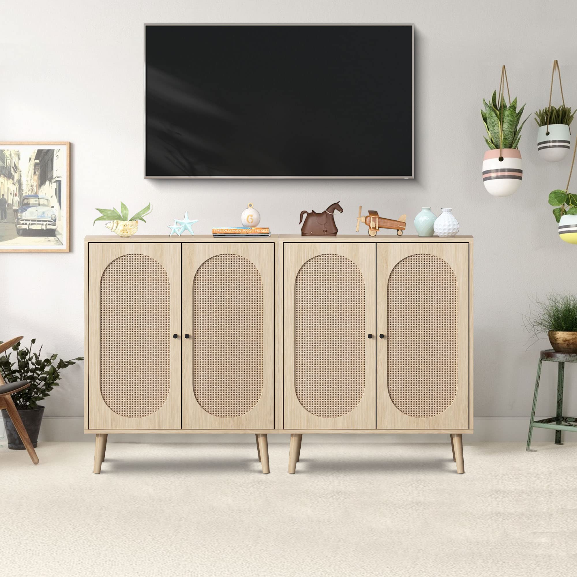 Rattan 2-Door Buffet Sideboard Cabinet with 2 Adjustable Shelves - Freestanding Console Table for Entryway, Kitchen & Dining Room - Natural Woven Accent Storage Furniture for Home Decor
