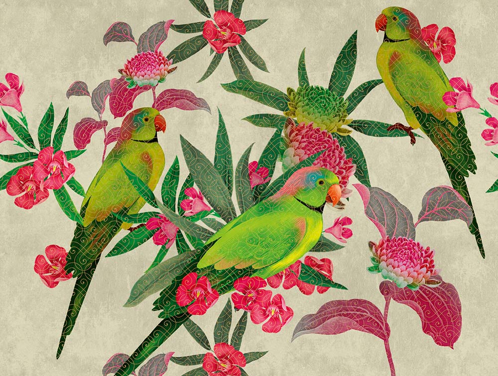 Three Parrots Wall Art - Handmade Canvas Painting for Home Decor, Living Room & Bedroom - Tropical Bird Themed Wall Decor for Modern Interiors